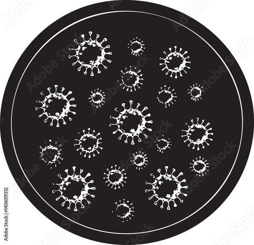 Illustration of viruses and bacteria in a circular pattern representing microbiology and health.