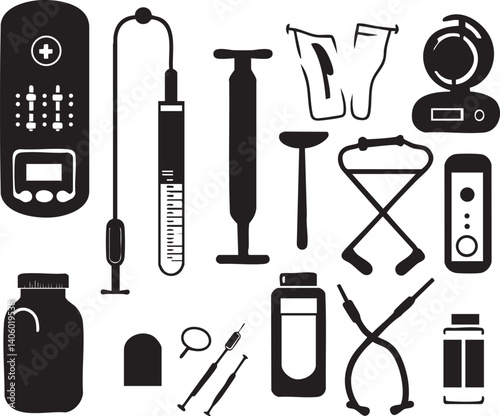 Collection of medical tools and equipment including syringes, stethoscopes, and diagnostic instruments.