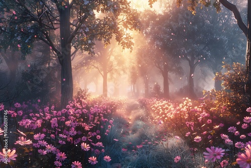 Dreamy woodland scene pastel hues of dawn delicate fog swirling among slender trees and vibrant blooms evoking a magical forest reverie