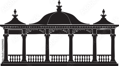 A decorative silhouette of a classic pavilion with columns and an ornate roof design.