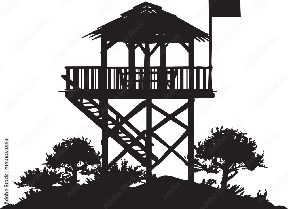 Naklejka premium Silhouette of a watchtower with a flag surrounded by trees and bushes in a scenic landscape.
