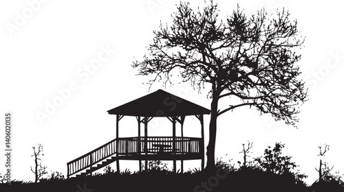 A serene silhouette of a gazebo and a tree against a minimalist background.