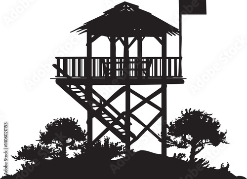 Silhouette of a watchtower with a flag surrounded by trees and bushes in a scenic landscape.