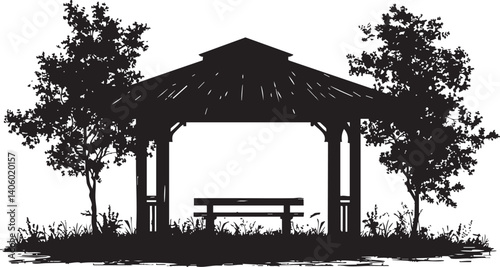 Silhouette of a gazebo in a park with trees and a bench surrounded by grass.