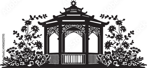 A decorative silhouette of a gazebo surrounded by intricate floral designs for outdoor spaces.