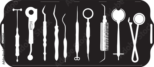 A collection of dental instruments displayed on a tray for oral care and hygiene.