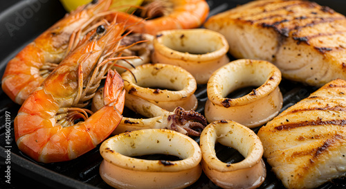 Grilled seafood medley with shrimp, squid rings and fish fillets close-up