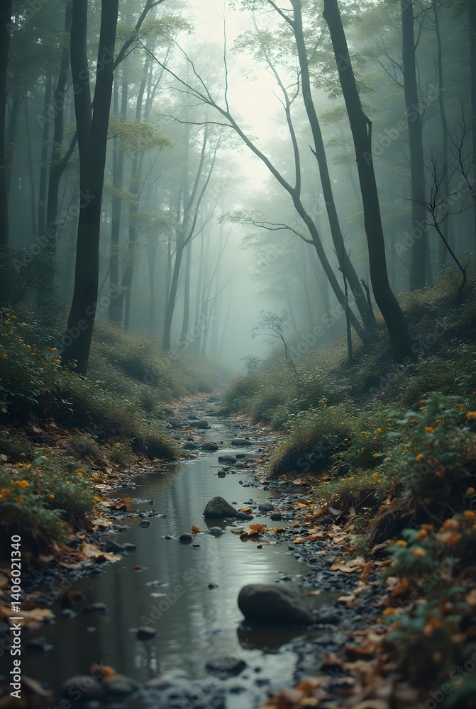 Obraz premium Misty forest trail with a gentle stream flowing through lush greenery at dawn, creating a serene and tranquil atmosphere