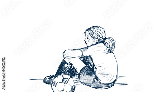 Girl on a football field, hand drawn illustration ioslated on white background.