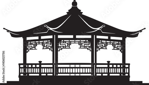 A silhouette of a traditional pavilion set against a white background symbolizing outdoor relaxation.
