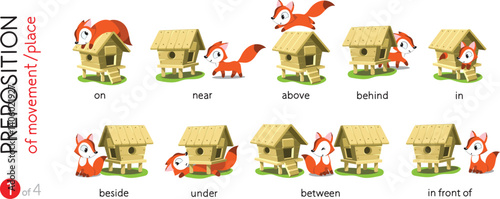 Preposition of place. Funny foxes cartoon set