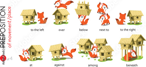 Preposition of place. Funny foxes cartoon set