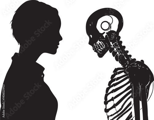 A silhouette of a human profile next to a skeleton illustrating anatomy and biology concepts.