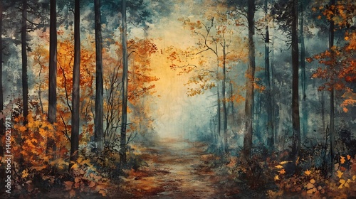 Dreamlike autumn woodland where scattered sunlit leaves soft fog create a poetic interplay of warm and cool tones in nature