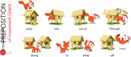 Preposition of movement. Funny foxes cartoon set