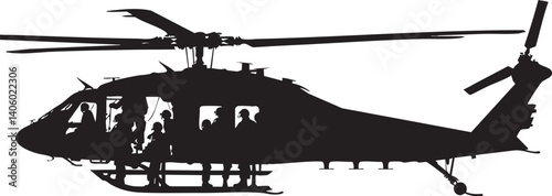 Silhouette of a helicopter in flight with personnel onboard showcasing aviation and transport.