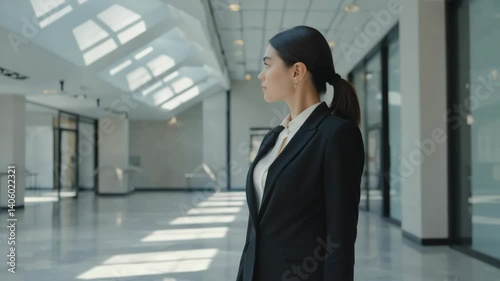 Wallpaper Mural Businesswoman in formal suit stands thoughtfully in modern office lobby filled with natural light, looking forward. Torontodigital.ca