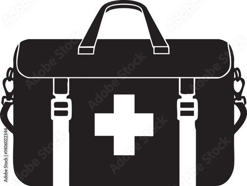 A black silhouette of a first aid kit bag featuring a prominent red cross emblem.