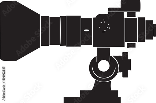 A silhouette of a camera lens and body illustrating photography equipment and its features.