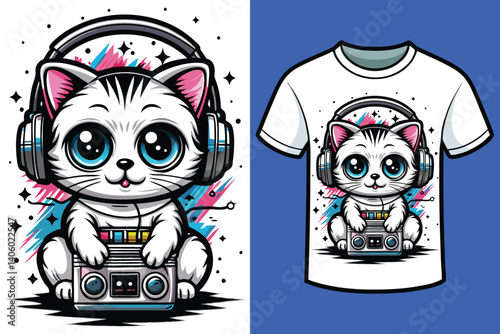 Adorable kitten with oversized headphones T-shirt Design 