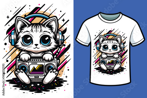 Adorable kitten with oversized headphones T-shirt Design 