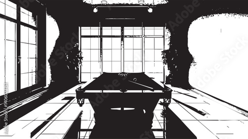 A minimalist black and white illustration of a billiards room featuring a pool table and large windows.