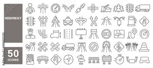 Set of 50 line icons related to highway, tunnel, bridge, road, bypass, direction, traffic, roadside, route, roadway, motorway, Editable stroke. Vector illustration