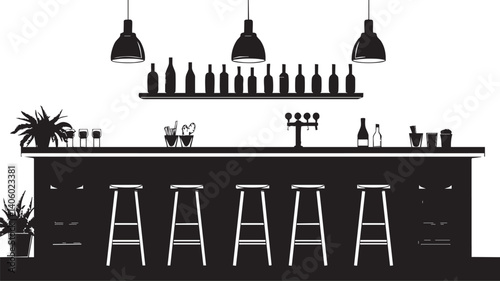 Stylish silhouette of a modern bar counter with drinks and seating for a social atmosphere.