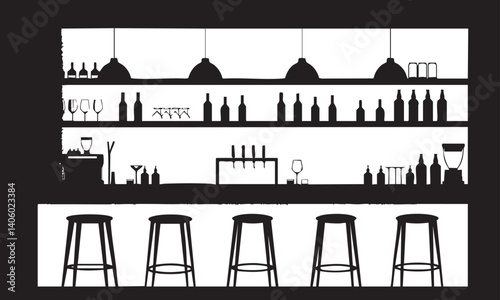 A stylish silhouette of a bar interior showcasing shelves, glasses, and barstools.