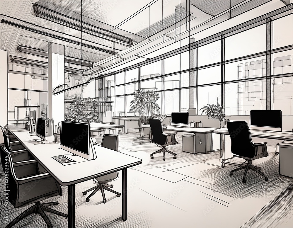 Monochrome Illustration of Shared Workspace Monochrome Illustration of Shared Workspace