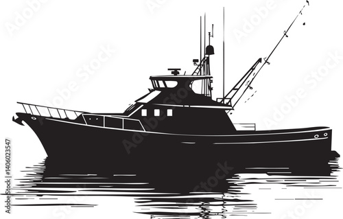 Silhouette of a fishing boat on calm water illustrating maritime adventures and outdoor recreation.