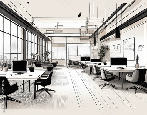 Hand-Drawn Office with Open Desks 