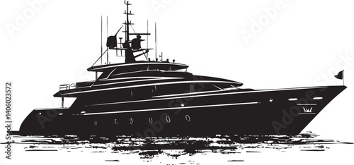 A stylish silhouette of a luxury yacht on calm waters, perfect for marine-themed designs.