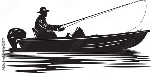 A silhouette of a fisherman casting a line from a small boat on calm water.