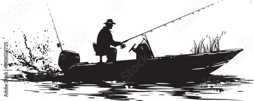 A silhouette of a fisherman casting a line from a boat on calm waters.