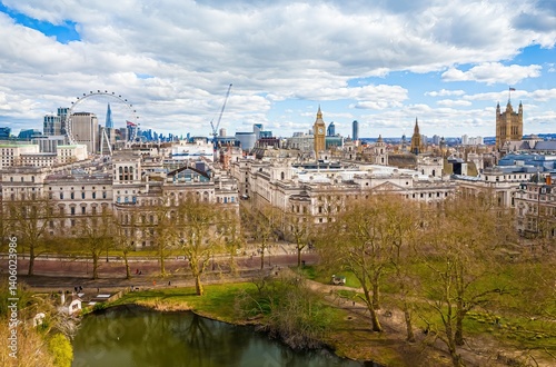 Aerial view of St. James's Park in central London featuring the lake, iconic skyline with the London Eye, Big Ben, and Westminster. Great mix of urban landmarks and natural scenery