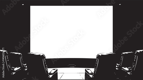 A minimalist cinema setup featuring empty seats facing a large blank screen ready for a movie.