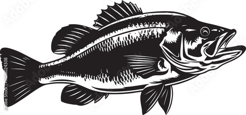Illustration of a black bass fish showcasing its detailed features in a silhouette style.