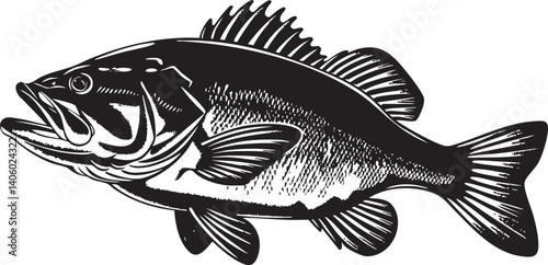 Illustration of a detailed black and white bass fish suitable for fishing and wildlife themes.