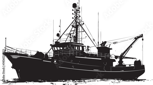 A detailed silhouette of a fishing vessel showcasing its structure and maritime features.
