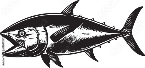 Detailed black and white illustration of a tuna fish swimming in the ocean.