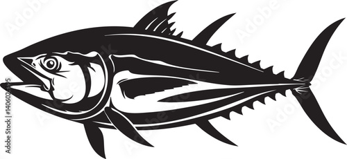 Stylized black and white illustration of a tuna fish showcasing its streamlined body and fins.
