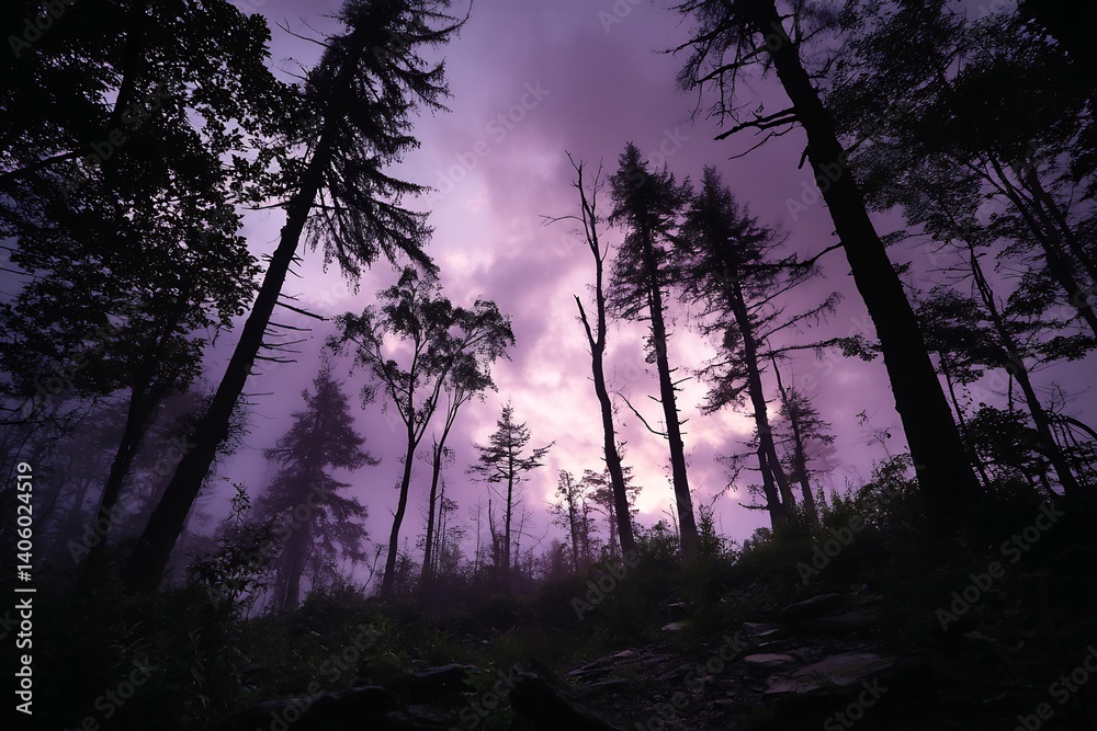 Fototapeta premium Deep forest vista dusk with dark silhouettes of ancient trees and a soft purple sky creating a brooding yet captivating natural scene