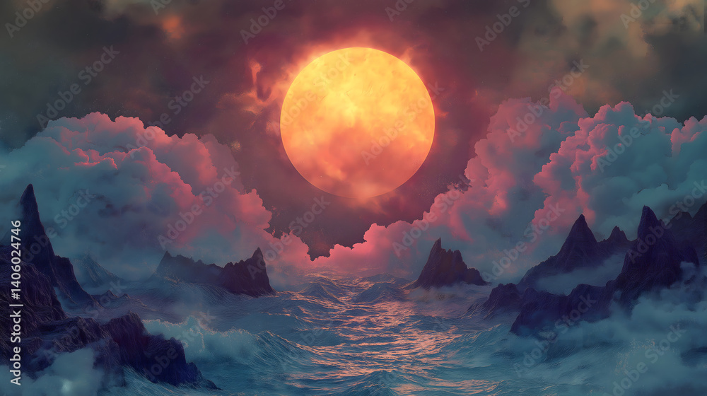 vibrant, surreal landscape features glowing sun setting over turbulent ocean, surrounded by dramatic, colorful clouds and jagged mountains, creating dreamlike atmosphere