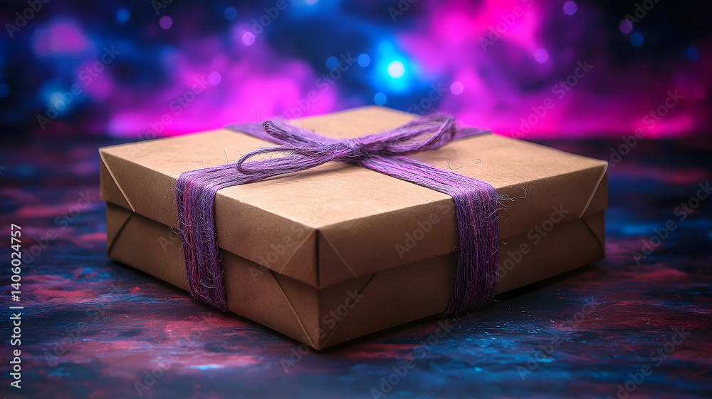 neatly wrapped brown gift box with purple ribbon sits against vibrant, colorful background, creating festive and mysterious atmosphere