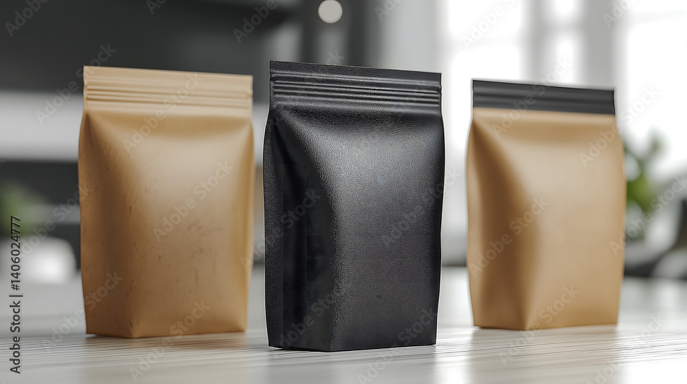Three stand up pouches, two in kraft paper and one in black, are displayed on wooden surface. minimalist design highlights their versatility for packaging various products