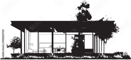 A minimalist architectural sketch of a modern house showcasing outdoor spaces and clean lines.