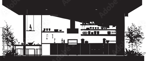 Stylish silhouette of a modern kitchen design showcasing minimalist furniture and decor elements.