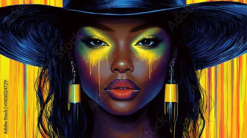 Obraz na płótnie striking portrait of futuristic pop star with bold makeup and vibrant colors, featuring woman in wide brimmed hat and dramatic earrings. background is vivid blend of yellow and orange w salonie
