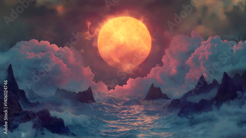 Obraz na płótnie vibrant, surreal landscape features glowing sun setting over turbulent ocean, surrounded by dramatic, colorful clouds and jagged mountains, creating dreamlike atmosphere w salonie